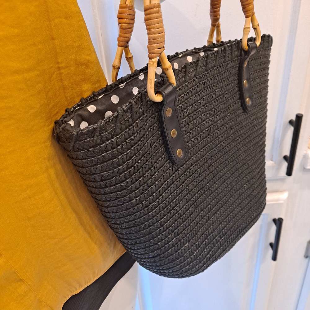 Elegant Black Woven Straw Tote with Twisted Bamboo Handles & Leather Accents - Picture 8 of 12